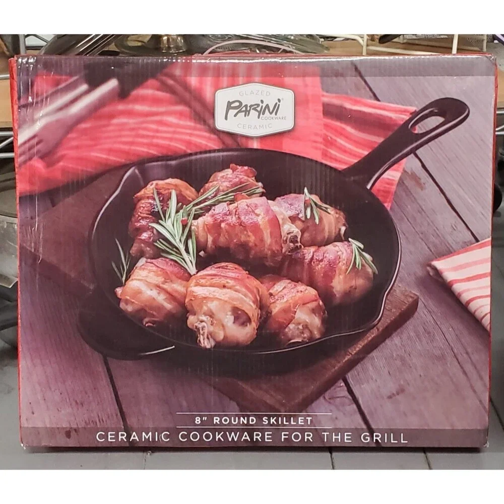 Parini Cookware Skillet Glazed Ceramic 8” Round For Grill Or Oven Lightweight